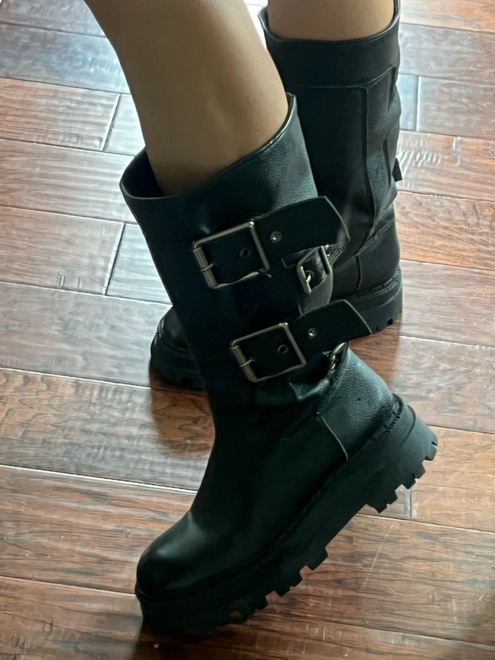 Zara Black Buckled Lug Sole Platform Boots - Picture 7 of 13